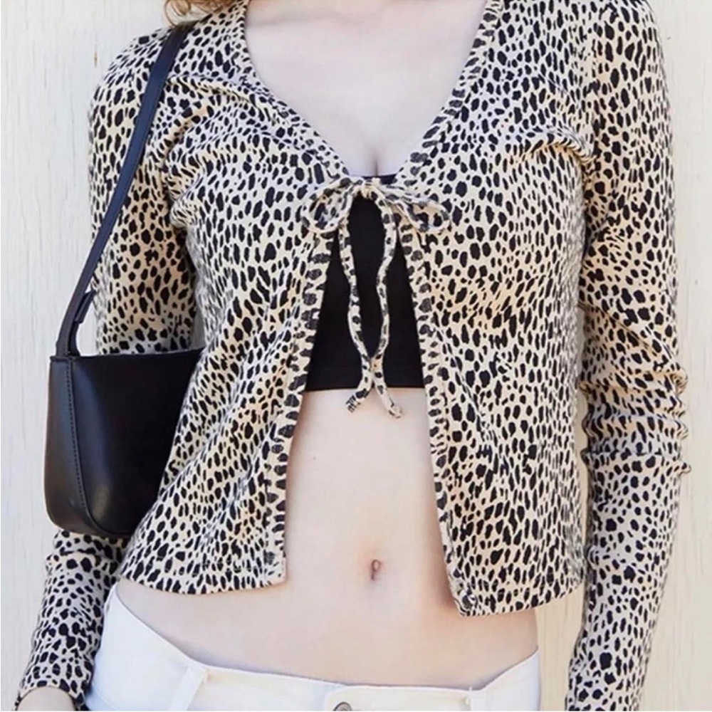 Brandy Melville Jahn Galt Cream and Black Leopard Print Tie front Top Y2K Style